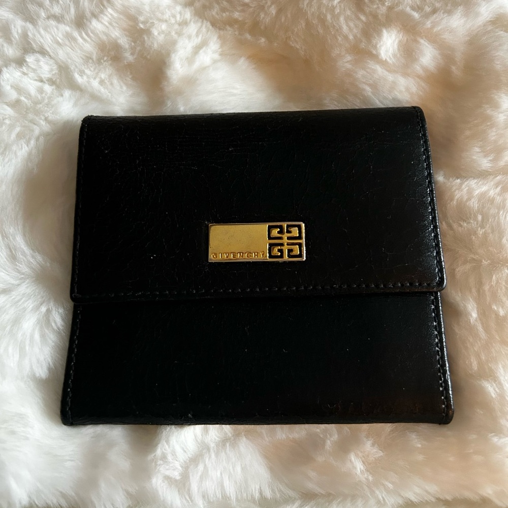 Authentic! Givenchy gold metal logo snap small leather wallet /coin purse